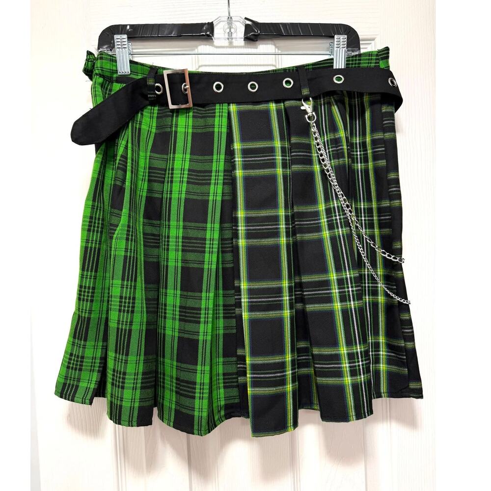 Hot Topic XL Social Collision Green Split Plaid Pleated Mini Skirt w/Chain New